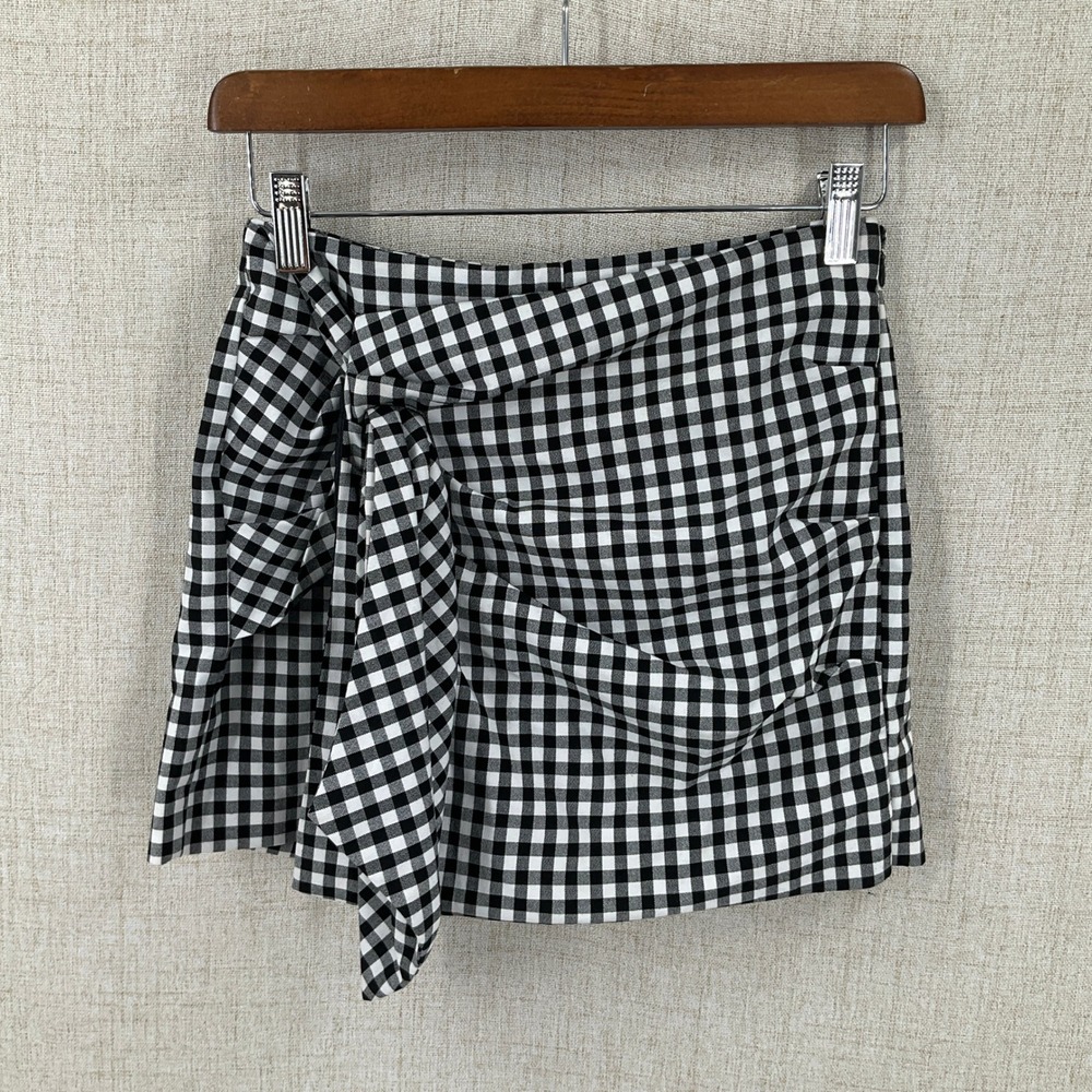 Zara Skort Womens XS Black White Gingham Wrap Tie Front Mini Skirt Picnic Preppy